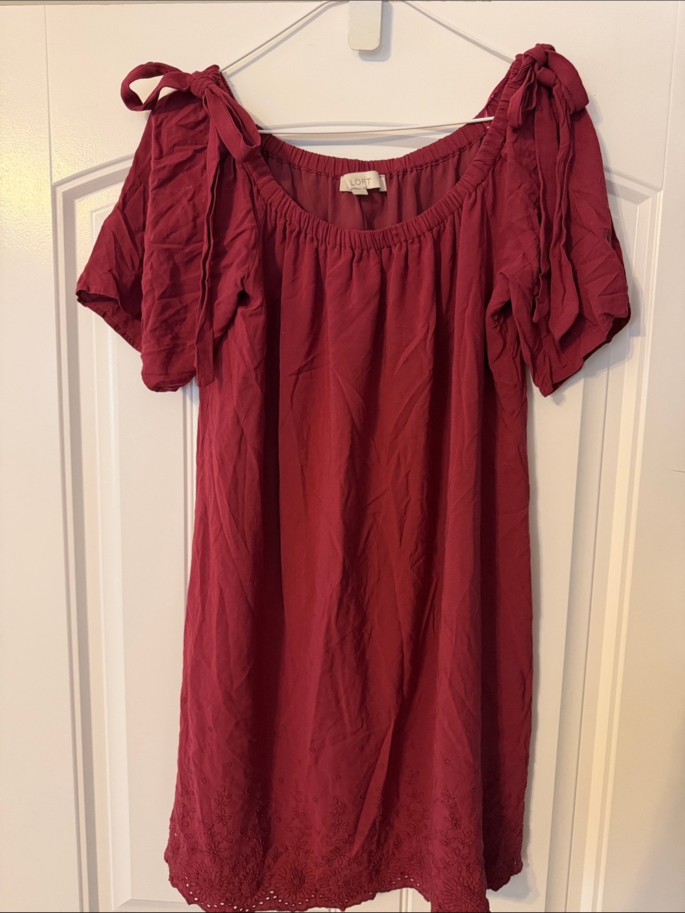 LOFT Maroon Tie-Shoulder Eyelet Hem Dress